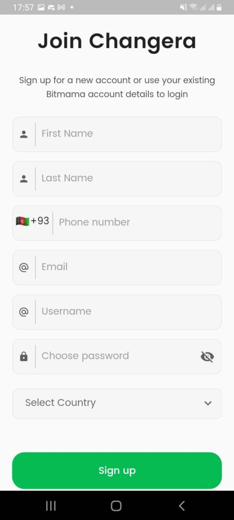 sign up on changera app