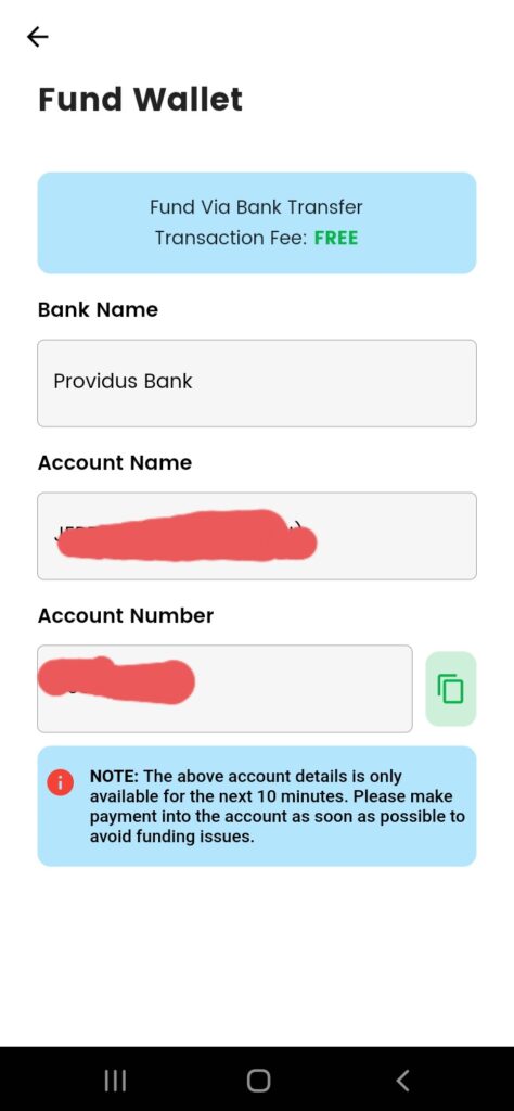 Fund NGN wallet via Providus transfer 